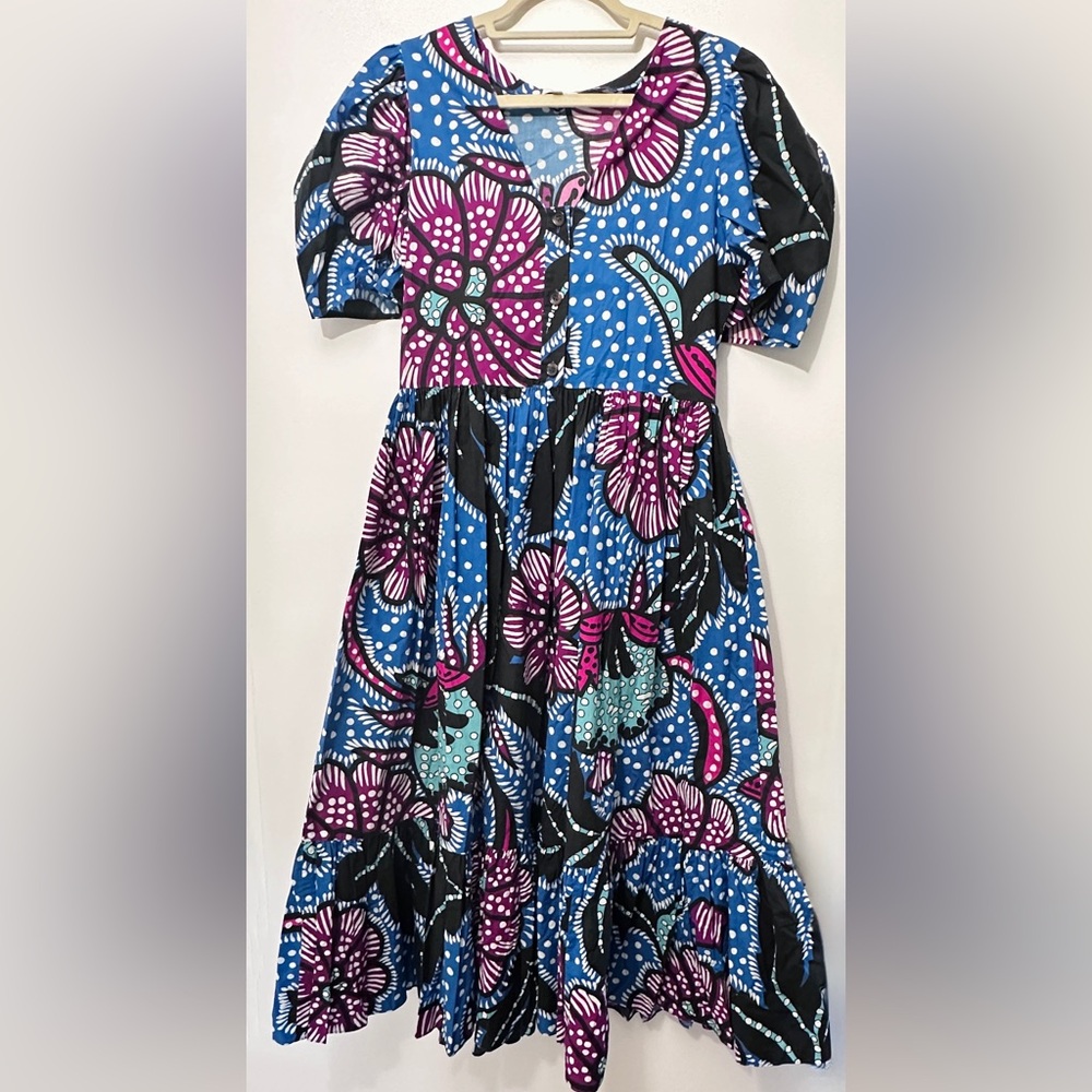 RHODE Blue Floral Puff-Sleeve Midi Dress with Pink and Black Motif